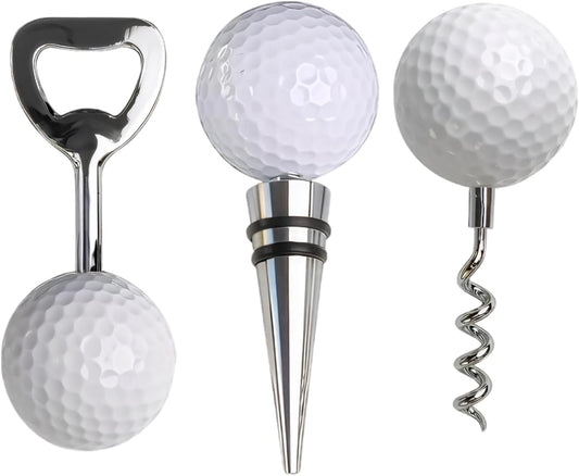 Golf Ball Wine Bottle Opener and Stopper Set (3 PCS), Zinc Alloy Wine Accessories with Stylish Golf Ball Design (1 Wine Bottle Opener and 2 Stoppers), Gift for Golf Enthusiasts