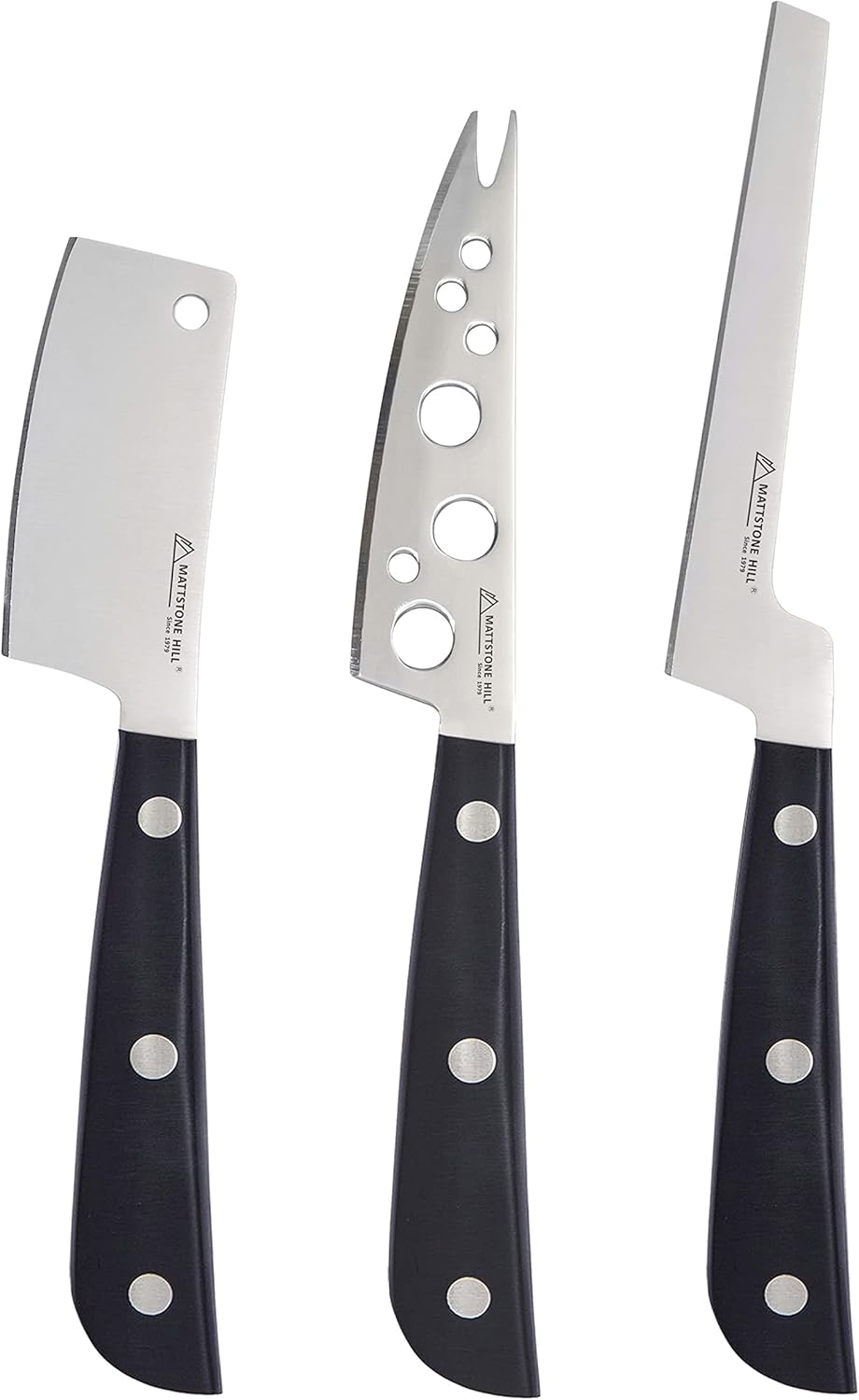 Cheese Knife Set, MATTSTONE HILL Cheese Knives - Soft & Semi Hard Cheese Knife, Soft Cheese Slicer, Cheese Cleaver, Premium Stainless Steel, Black Handle