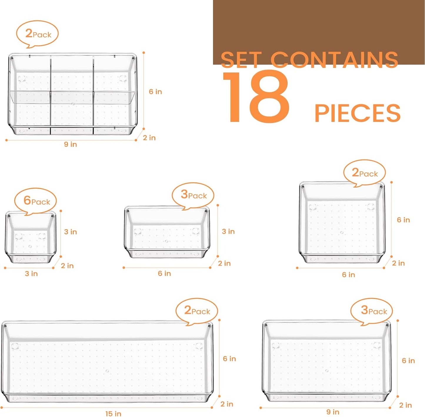 Criusia Drawer Organizer - 18 Pack Clear Large Kitchen Drawer Organization Trays, Non-Slip Dividers for Makeup, Jewelry, Utensils, Office, Bedroom, Bathroom