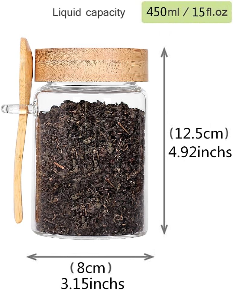 Glass Jar with Screw Lid and Spoon, 3 Pack 16 OZ Tea Containers for Loose Leaf Tea, Salt and Sugar Containers for Countertop, Yogurt Jars for Overnight Oatmeal