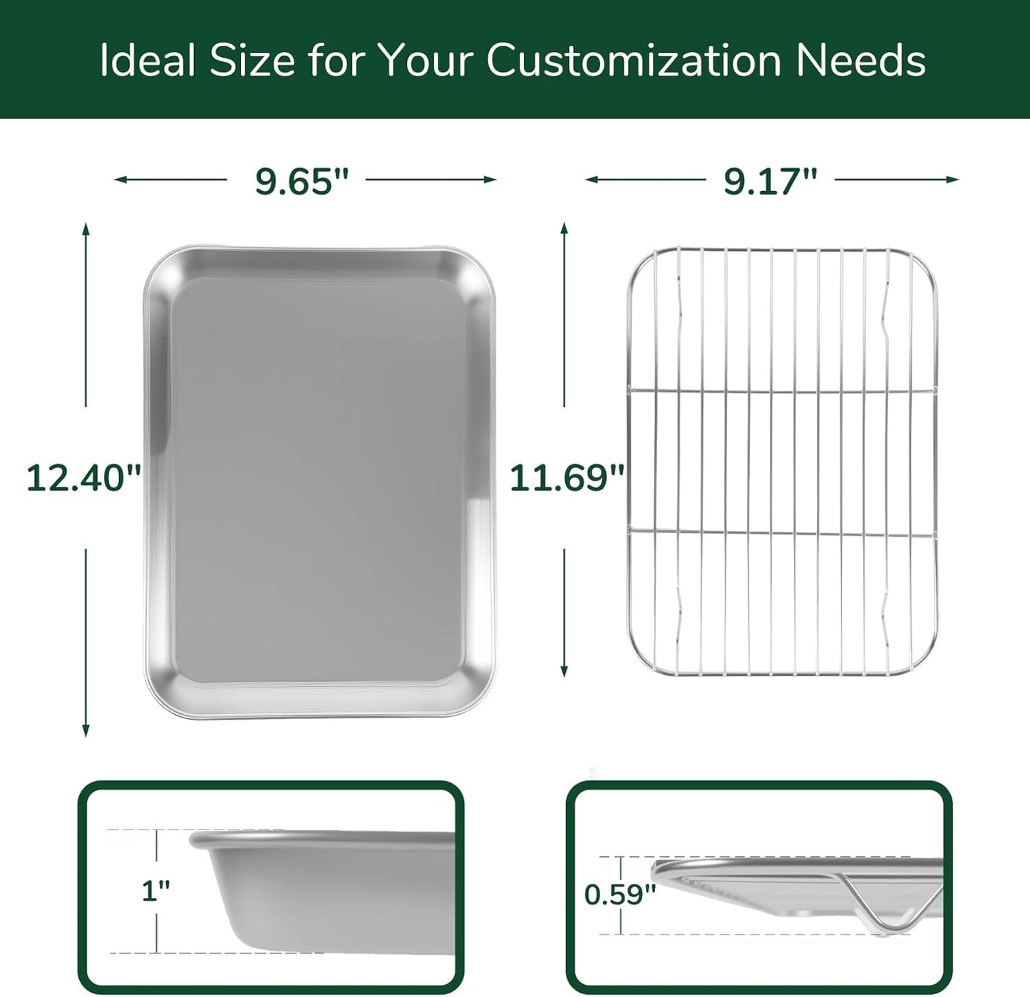 18/0 Stainless Steel Baking Sheet with Cooling Rack, 12.4 Inch Oven-Safe Non-Toxic Cookie Sheets for Baking, Coating Free & Rust Resistant for Healthy Family Baking, Easy to Clean, Heavy Duty