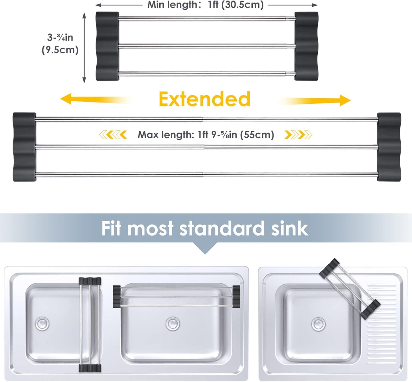 Tomorotec Adjustable Over-The-Sink Kitchen Rack for Dishcloths, Sponges, Bottles and Brushes - Heat-Resistant Stainless Steel with Slim, Expandable Design and Multifunctional Silicone Holder