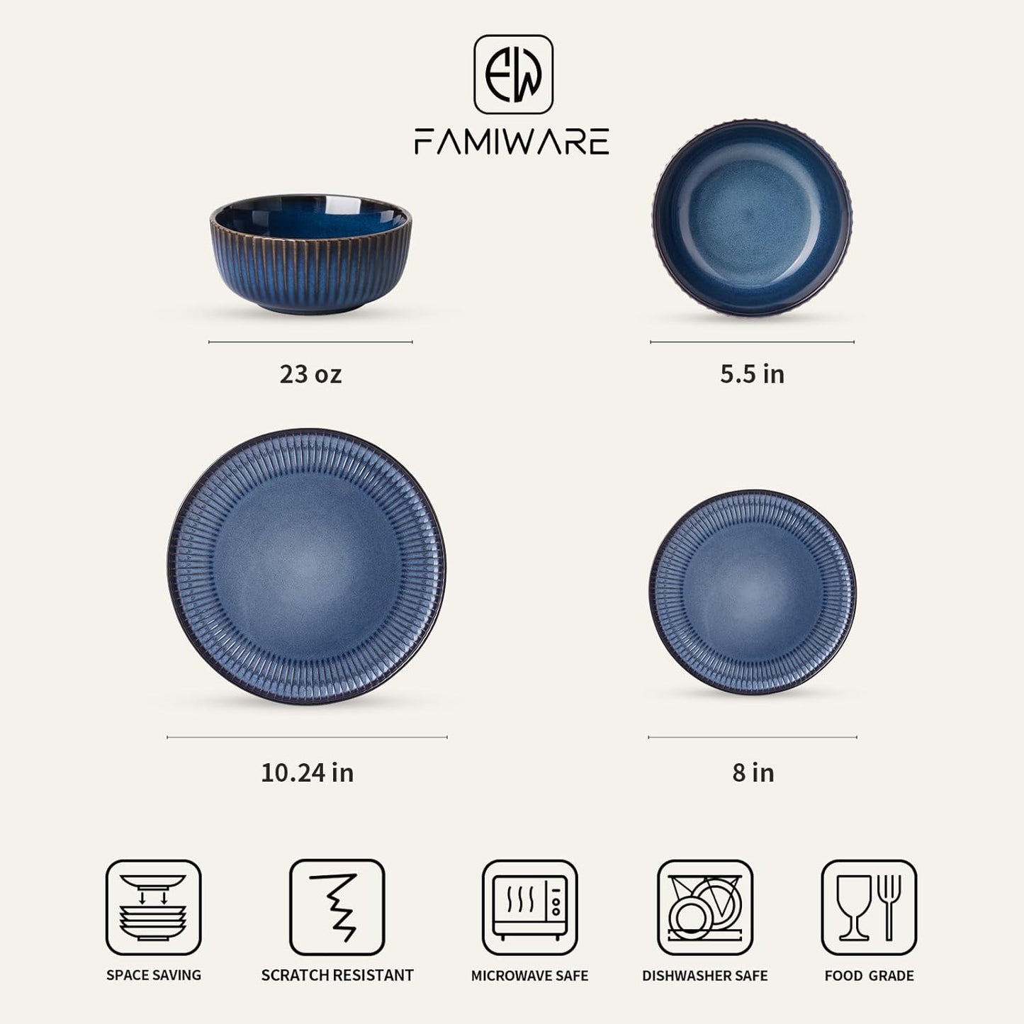 Famiware Starlight Dinnerware Sets, Plates and Bowls Dish Set of 6 (18 Pieces), Ribbed Textured Tableware - Dishwasher & Microwave Safe, Chip & Scratch Resistant, Reactive Glaze, Starry Blue