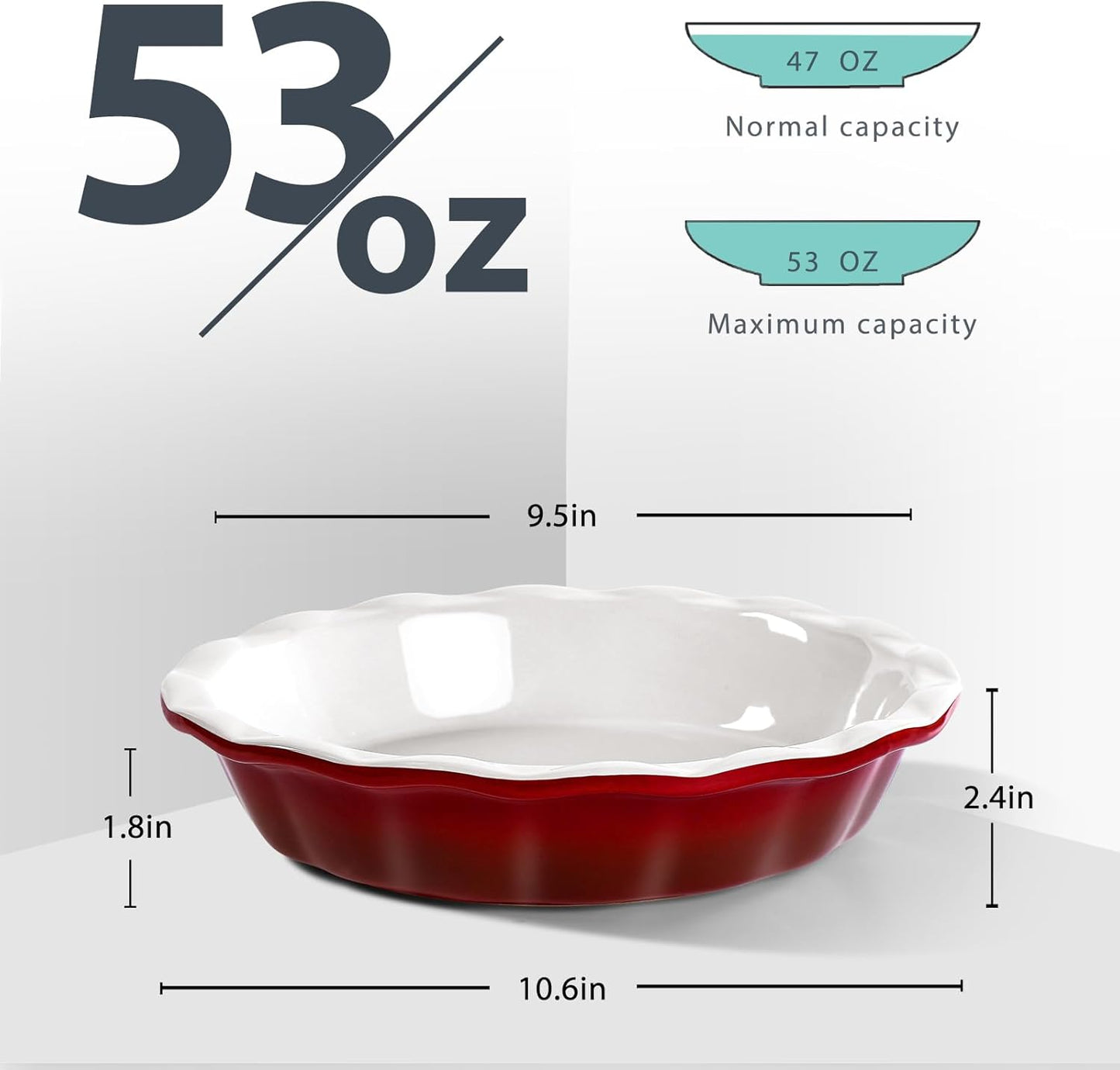 Lareina Pie Pans for Baking, Ceramic 9 Inch Deep Pie Dish with Rippled Edge for Apple Pie, Pecan Pie, Colorful and Durable Pie Plate, Christmas Gifts for Women, Set of 2, Red
