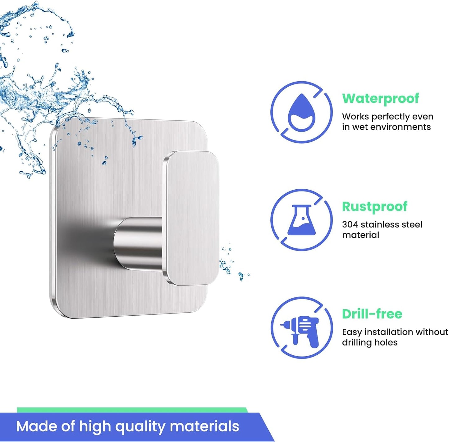 Silver Hooks for Hanging Heavy Duty, Adhesive Hooks for Shower, Bathroom, Kitchen, Robe, Towel, Coat, Waterproof & Rustproof Hook for Walls No Damage, Stainless Steel Sticky Hook - 6 Pack