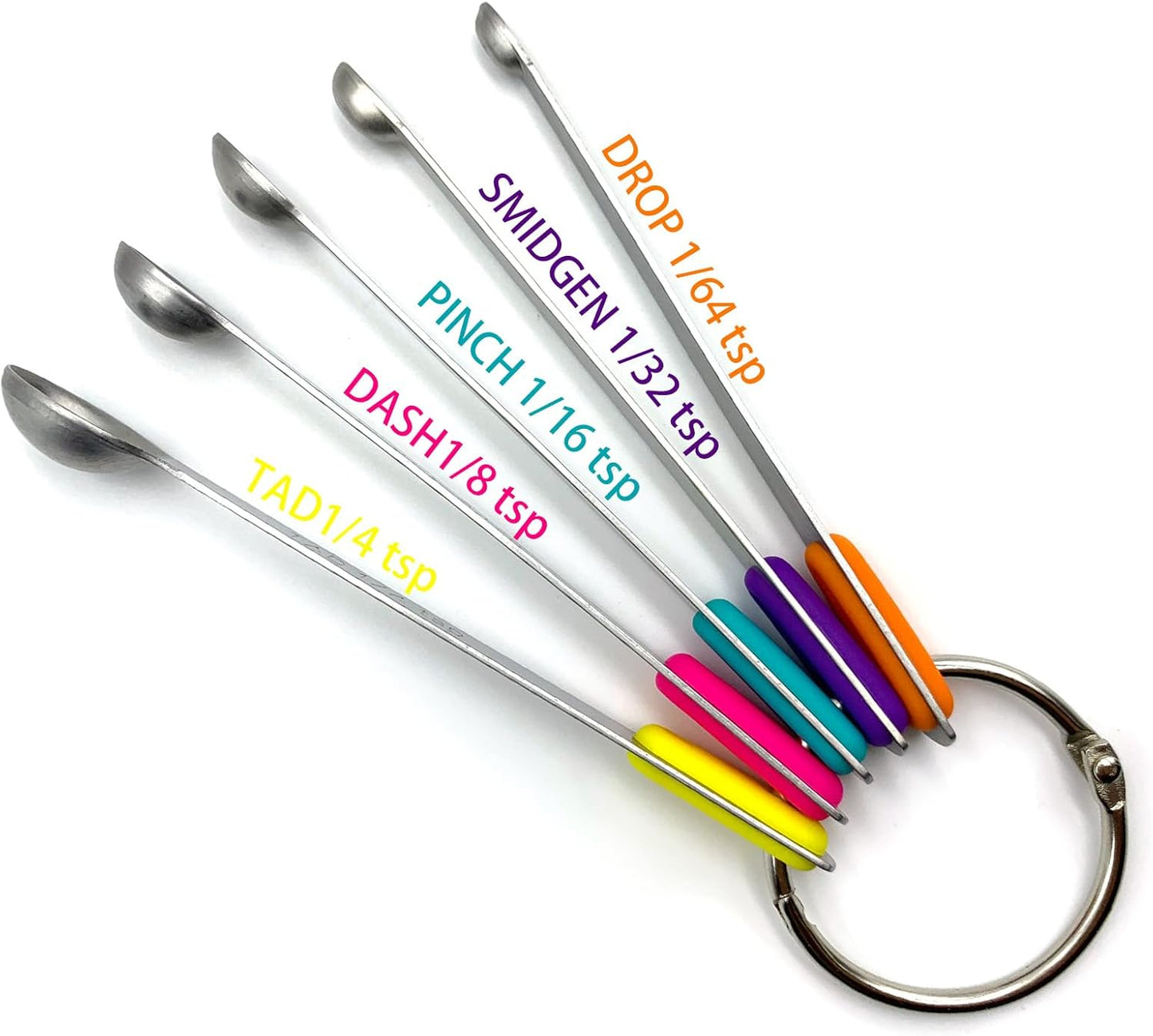 Stainless Steel Mini Measuring Spoons Set of 5 – Precise Teaspoon Measuring Tools 1/64, 1/32, 1/16, 1/8, 1/4 Tsp – Small Spice Measuring Spoons with Silicone Grip Handles & Storage Ring
