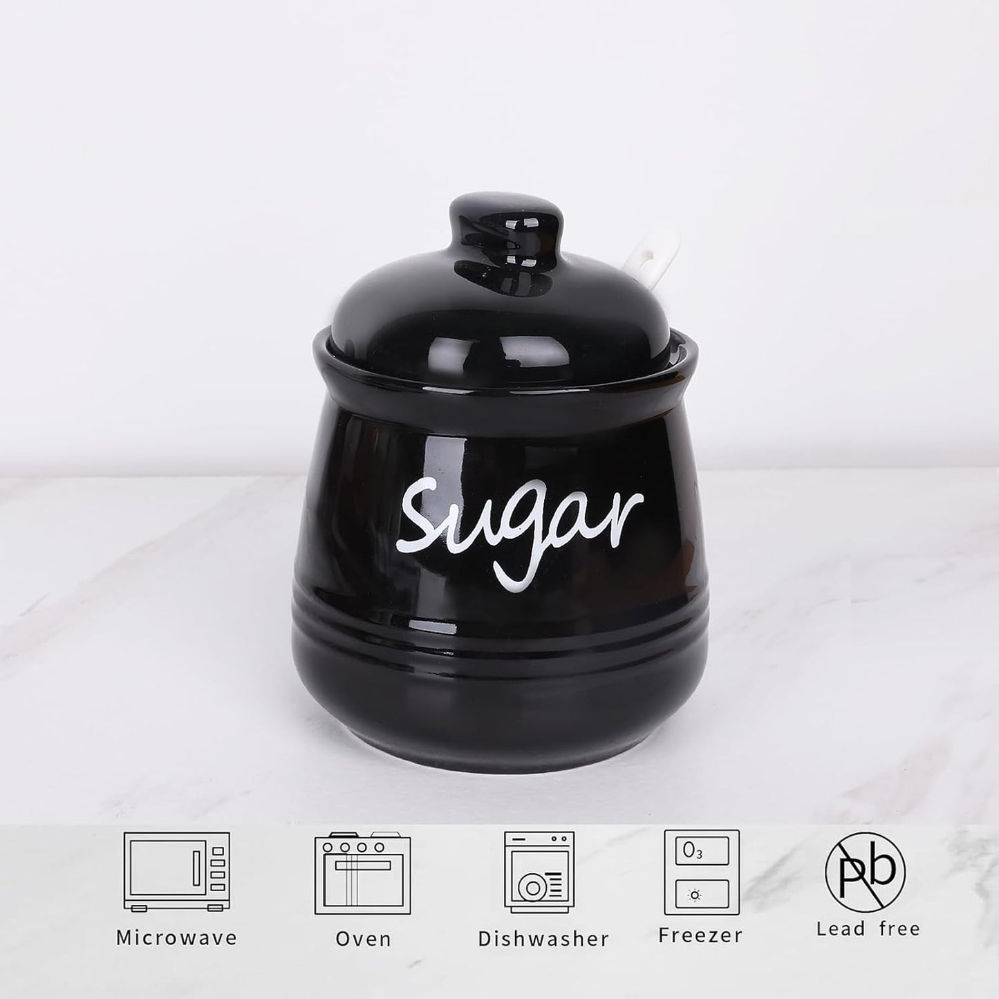 HAOTOP 12oz Sugar Bowl with Lid and Spoon,Ceramic Sugar Jar Sugar Dispenser Sugar Container Coffee Bar Accessories, Kitchen Countertop Canisters, Black