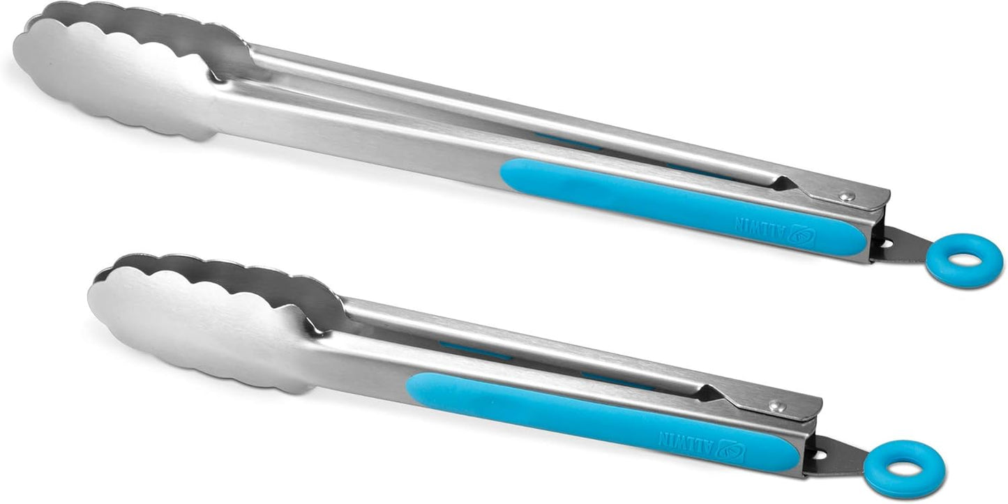 ALLWIN-HOUSEWARE W 304 Stainless Steel Kitchen Cooking Tongs, 9" and 12" Set of 2 Sturdy Grilling Barbeque Brushed Locking Food Tongs with Ergonomic Grip, Blue