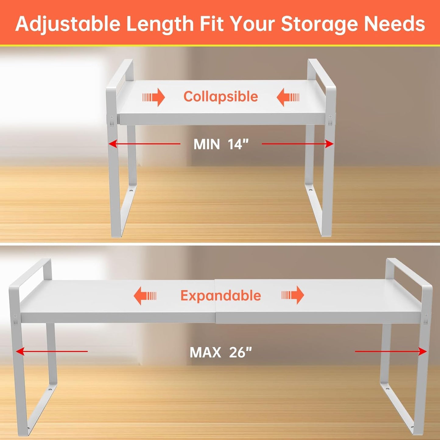 Expandable Cabinet Shelf Organizer Rack 9 inch, Pantry Organizer Lengthen from 14” to 25” ， Large Kitchen Cabinet Storage Shelf Rack， Storage Organizer white，Spice Rack Expandable Shelves,