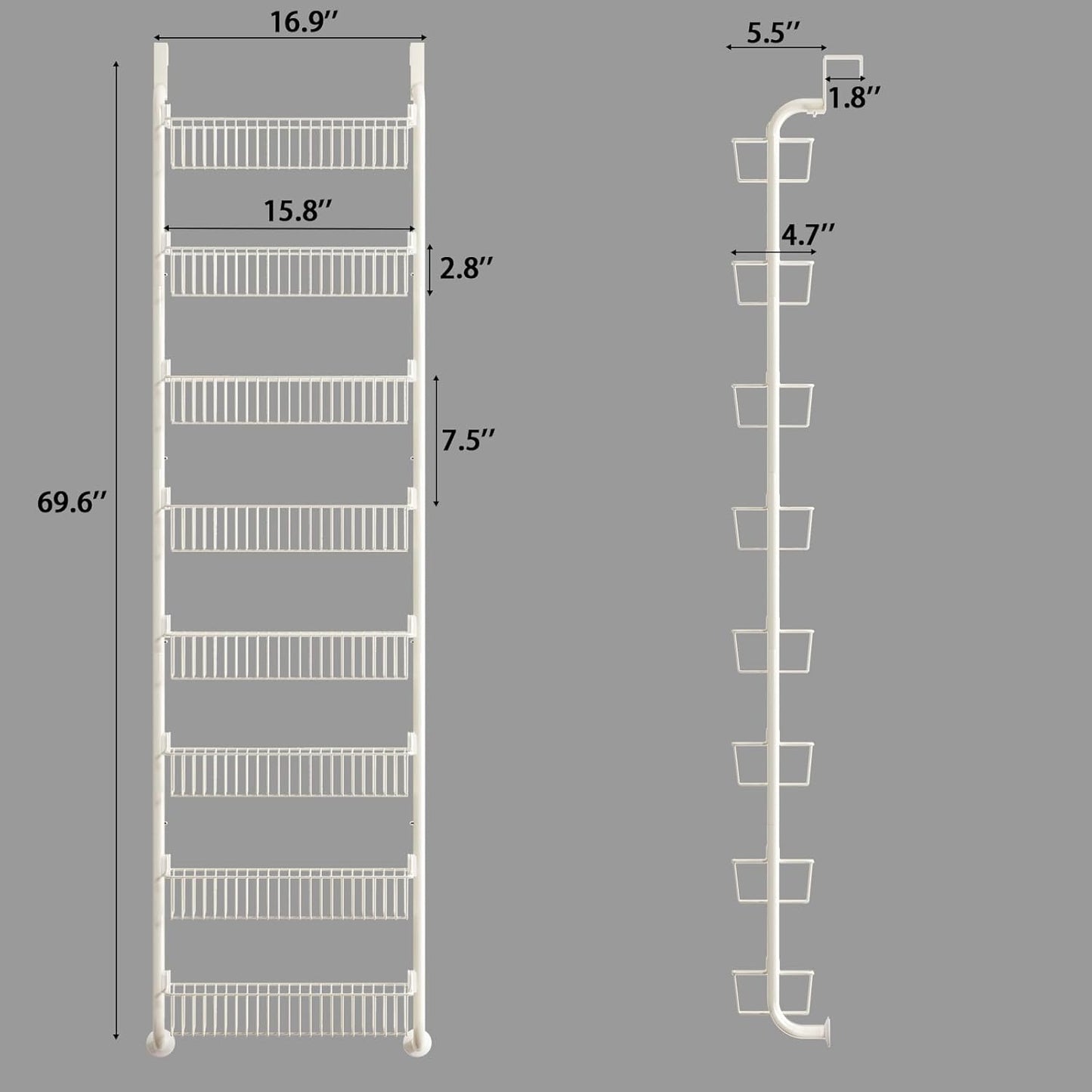 MIAOLI Over the Door Pantry Organizers and Storage, 8-Tier Spice Rack, Home & Kitchen Storage Shelves for Cabinet, Large Capacity Hanging Seasoning Organizer, Laundry Room Organization, White
