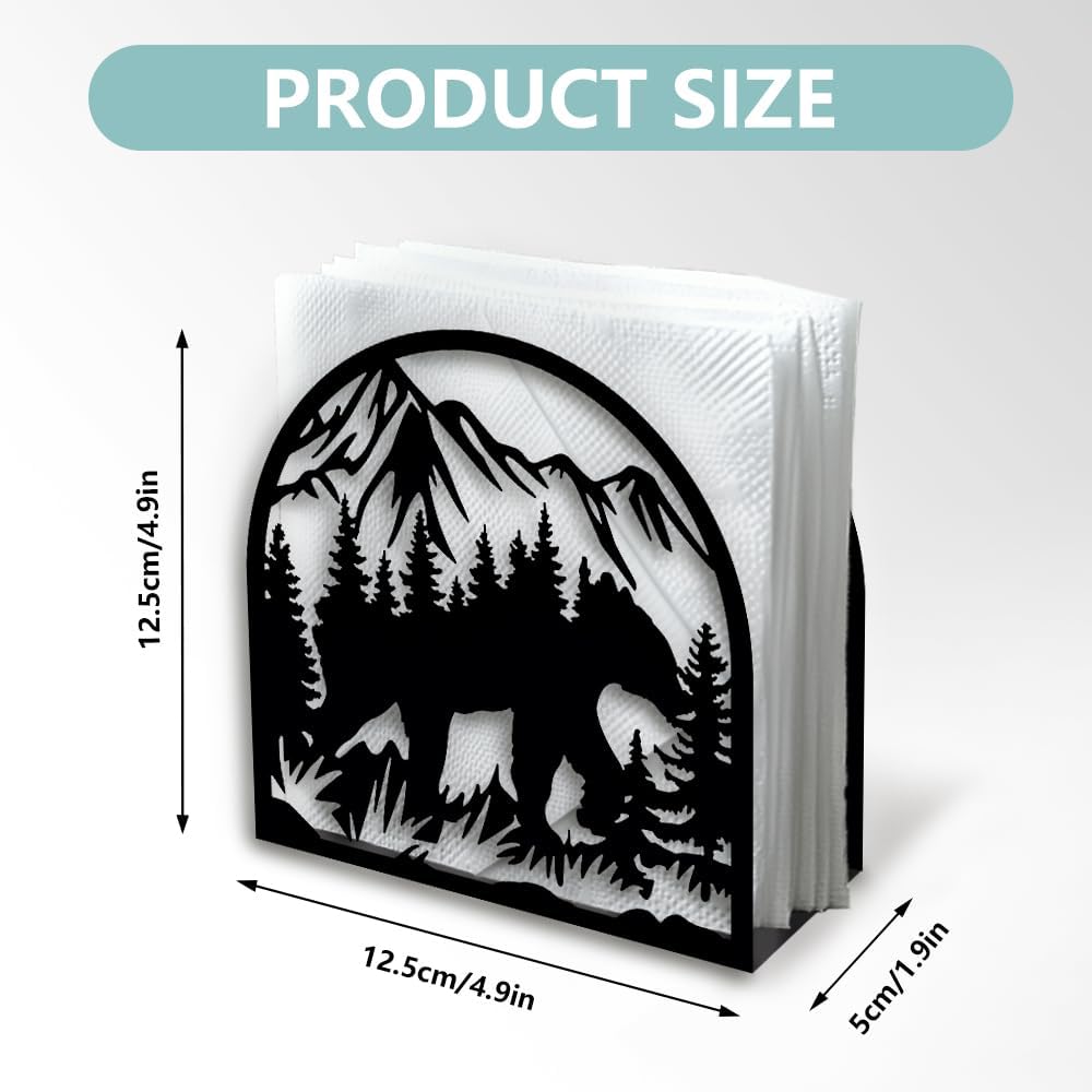 Forest Animals Mountain Decorative Black Metal Napkin Holder for Table, 4.9" x 4.9" x 1.9" Bear Standing Napkin Holder for Home Kitchen Restaurant Picnic Party Coffee Bar Dining Room