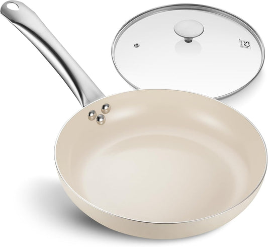 KOCH SYSTEME CS Nonstick Frying Pan with Lid, 10 Inch Non-Stick Skillet with Stay-Cool Stainless Steel Handle, Omelet Pan with Nonstick Ceramic Coating, PFOA Free, Induction & Oven Safe, Cream White