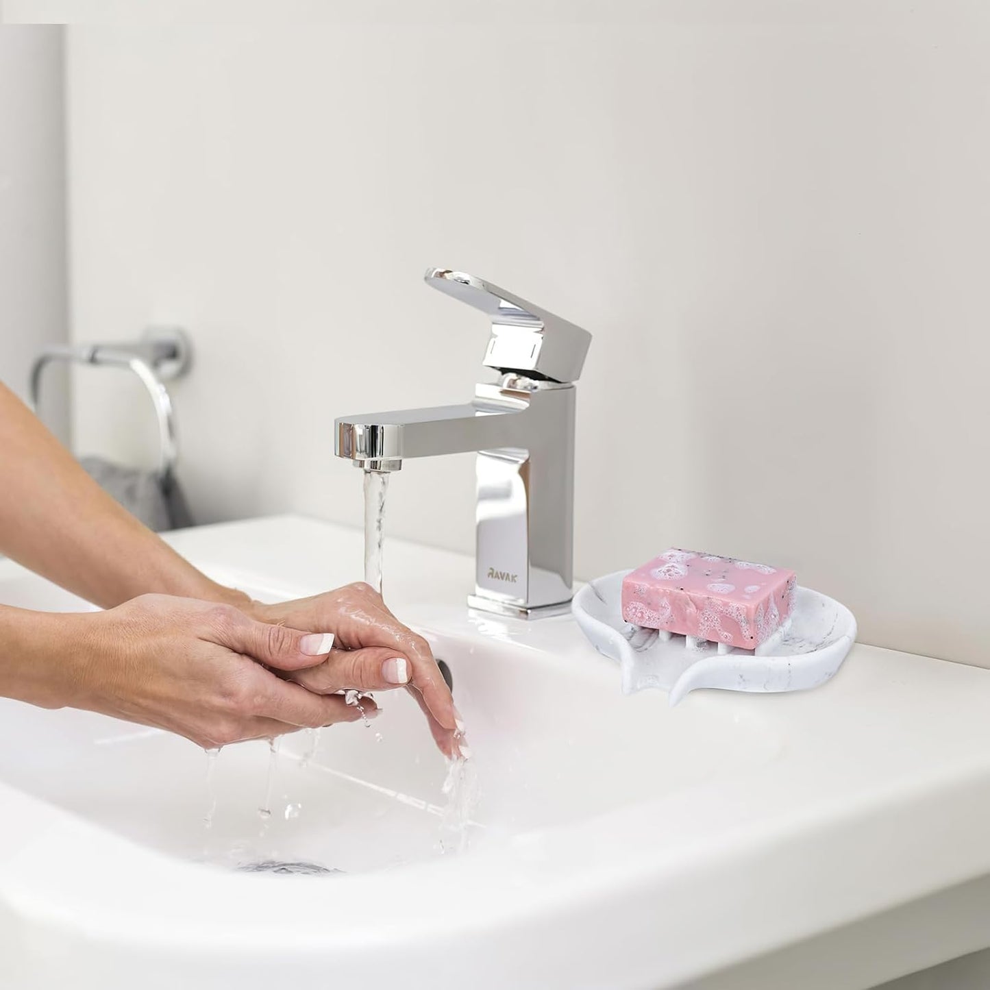 Soap Dish with Drain- Self Draining Bar Soap Holder for Shower, Marble Look Soap Savers Soap Tray Sponge Holder for Kitchen, Bathroom, Bathtub Sink, White