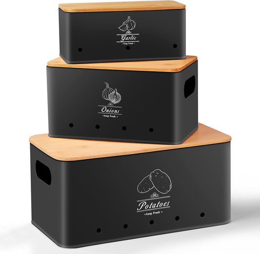 Kitchen Vegetable Storage Set of 3, Sturdy and Durable Storage Basket for Potato, Onion, Garlic, Fruit,Aerating Holes and Wooden Lid (black)