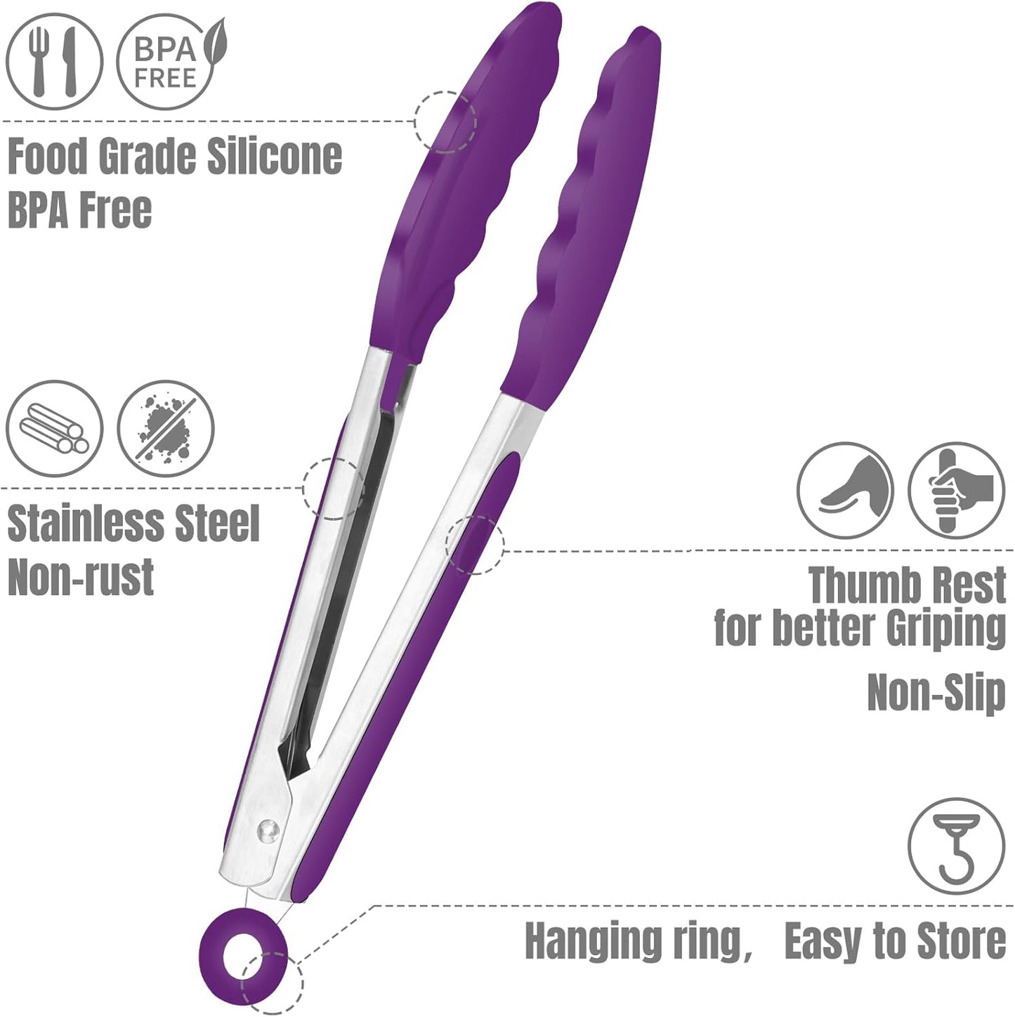 Hotec Mini Silicone Kitchen Tongs for Cooking - 7-Inch Small Serving Tongs with Silicone Tips, Set of 3 (Purple)