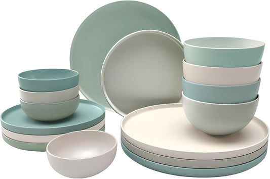 Sango Rollo 16-Piece Artist's Blend Casual Stoneware Dinnerware Set- Service for 4, Includes Larger & Smaller Bowls, Microwave & Dishwasher Safe, for Everyday Dining & Entertainment