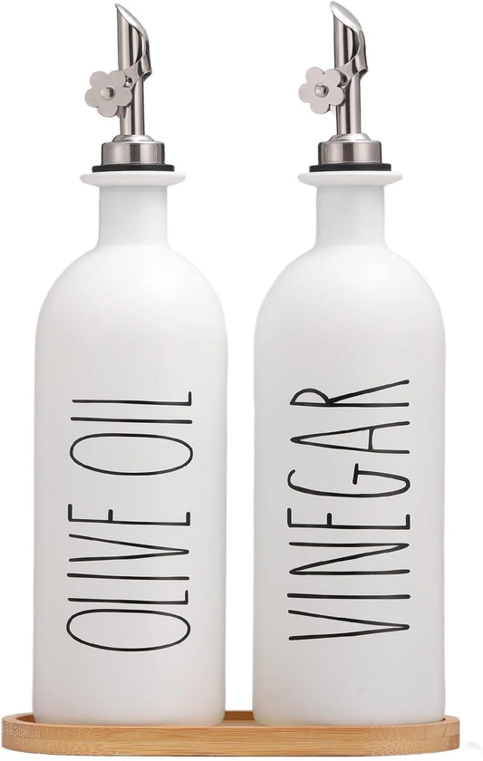 HOMCDALY 16oz Olive Oil Dispenser Bottles for Kitchen, White Oil and Vinegar Dispenser Set, Two Olive Oil Bottles with Bamboo Tray | Set of 2 (16oz-P-White)