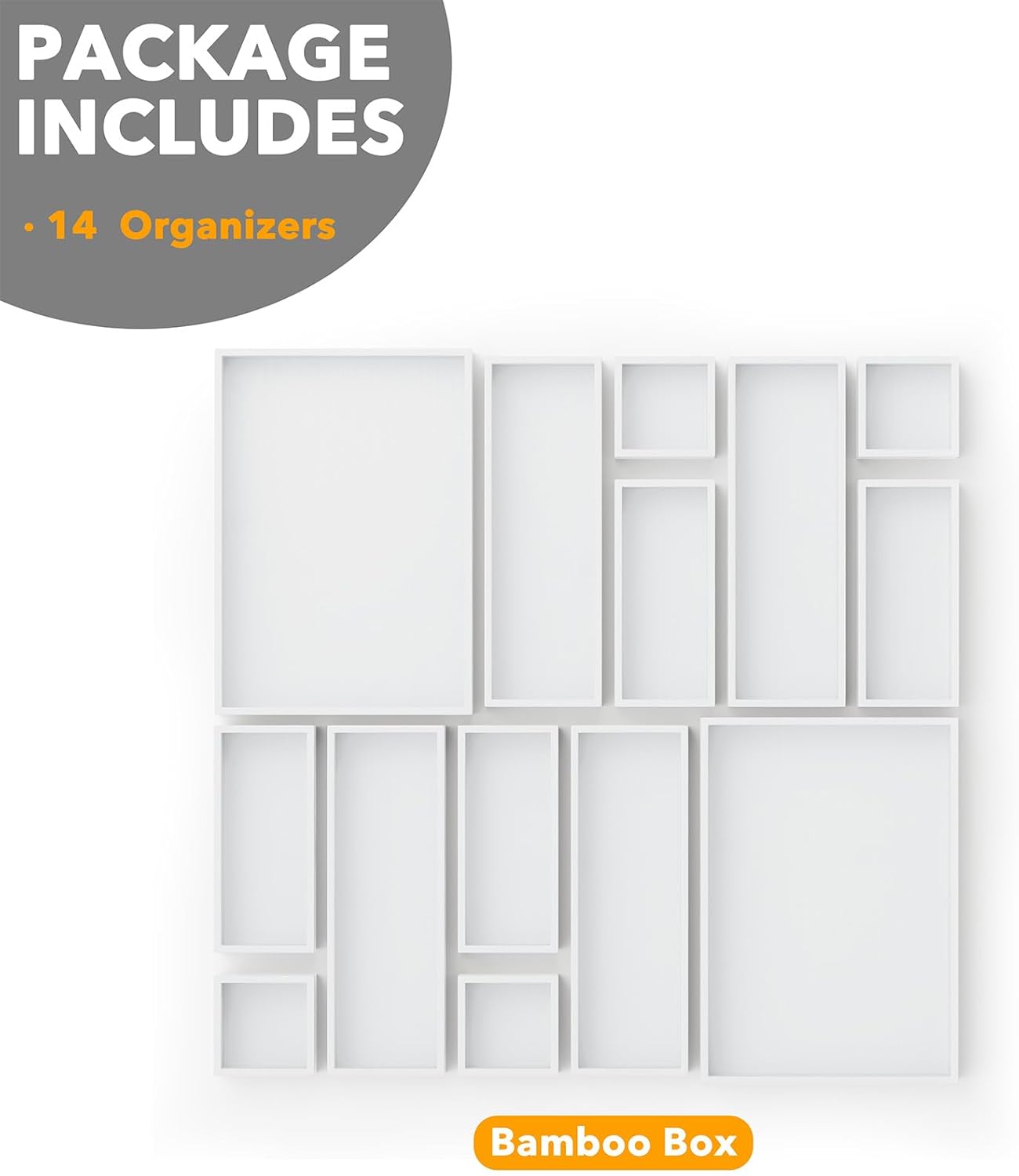 SpaceAid 14-Piece Bamboo Drawer Organizer Storage Boxes Set, Wood Tray Junk Drawer Organizers Multi-Use Divider Bins for Kitchen, Bathroom, Office Desk and Makeup Organization (14 Pack, White)