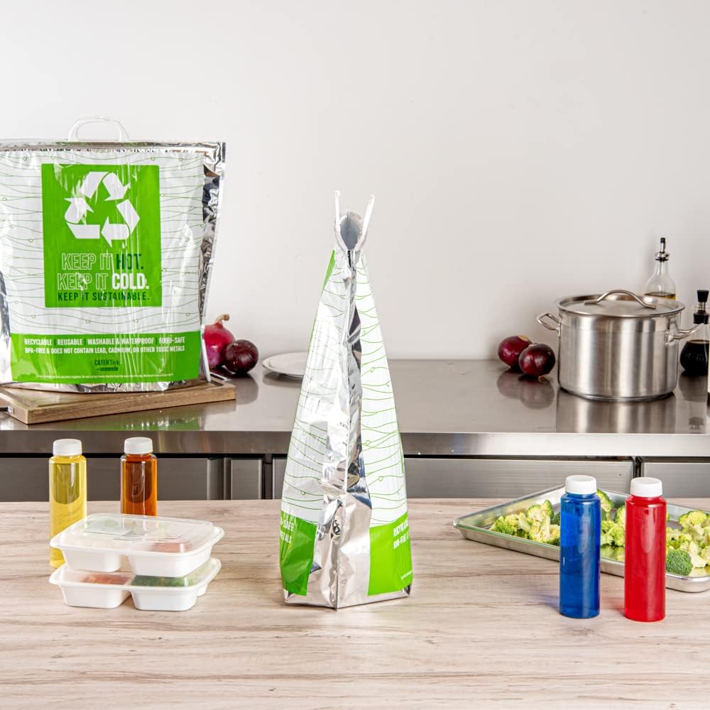 Restaurantware Cater Tek 20.1 x 7.1 x 20.1 Inch Hot And Cold Bags 10 Triple Layer Insulated Bags - Snap Lock Handles Waterproof Green & Silver Plastic Thermal Lunch Bags For Frozen & Hot Items