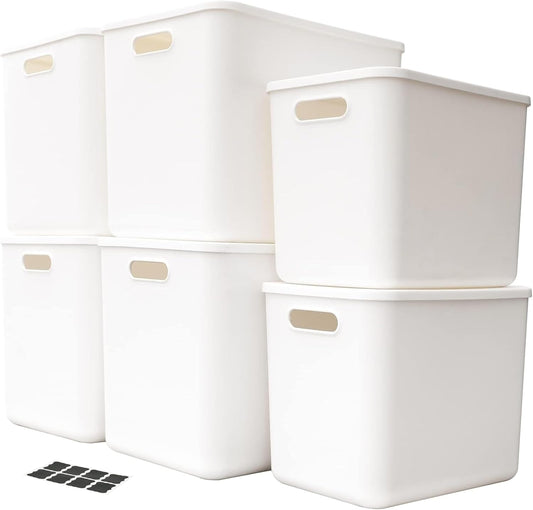Set Of 6 Plastic Storage Bins With Lids,Versatile Kitchen Pantry Organization and Storage,for Plastic Storage Container Under Bed,Under Sink Bathroom Organizer (White, 4Lagre+2Medium)