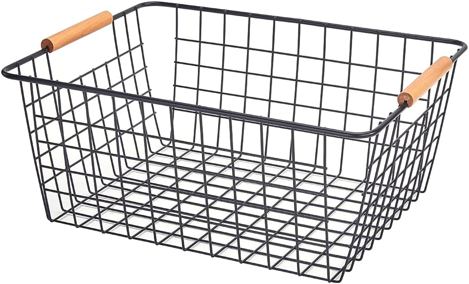 LeleCAT Large black wire baskets for Organizing with Wooden Handles for storage pantry, Storage Organizer Baskets, Household Snack Basket for Cabinets, Closets, Bedrooms, kitchen - Set of 2（Black）