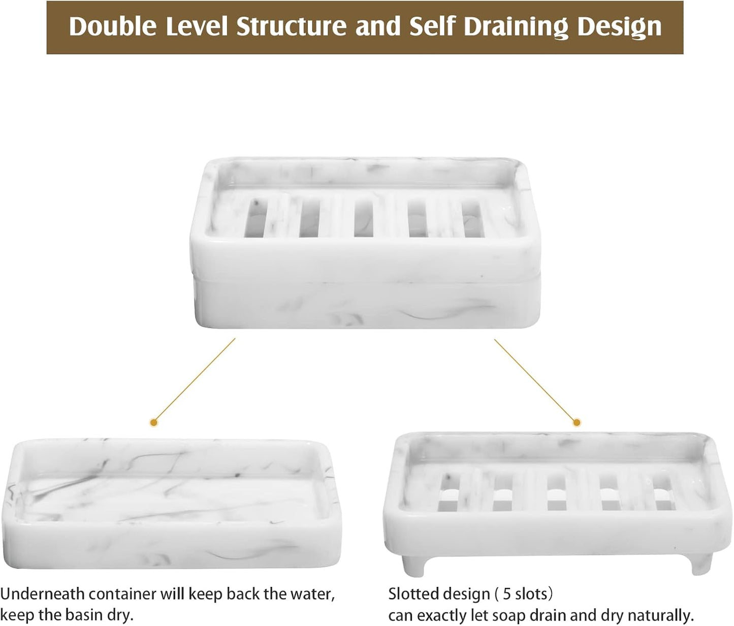 Shinowa Resin Soap Dish, Self-Draining Bar Soap Tray with Drainable Board, Dual Layer Sponge Holder for Bathroom Kitchen Shower Bathtub Sink Counter-top, Marble White