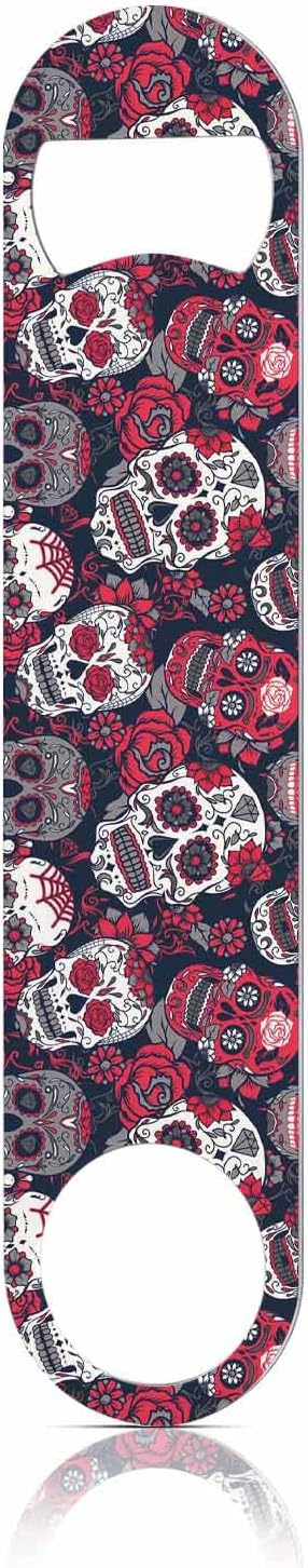 Skull and Flowers Stainless Steel Bottle Opener Day of The Dead Skull Red Peony Rock Roll Fashion Style Flat Beer Bottle Opener Keychain for Home Kitchen Bar Restaurant Party Birthday Gift
