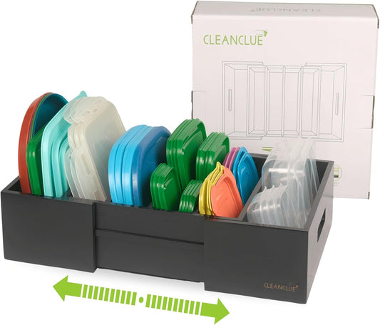 Expandable Kitchen Cabinet Organizer for Food Storage Container Lids, Bamboo Drawer Caddy Adjustable Dividers, Box for Kitchen Storage and Organization, Lids Organizer for Cabinet (Black)