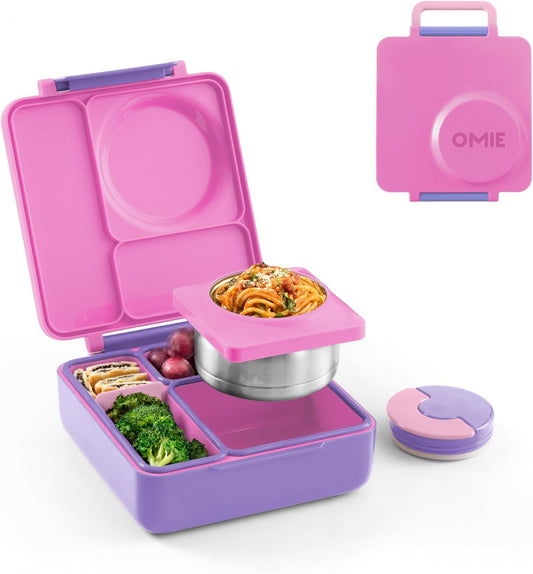 OmieBox Bento Box for Kids - Insulated Bento Lunch Box with Leak Proof Vacuum Insulated Food Jar - 3 Compartments, Two Temperature Zones (Unicorn Pink)