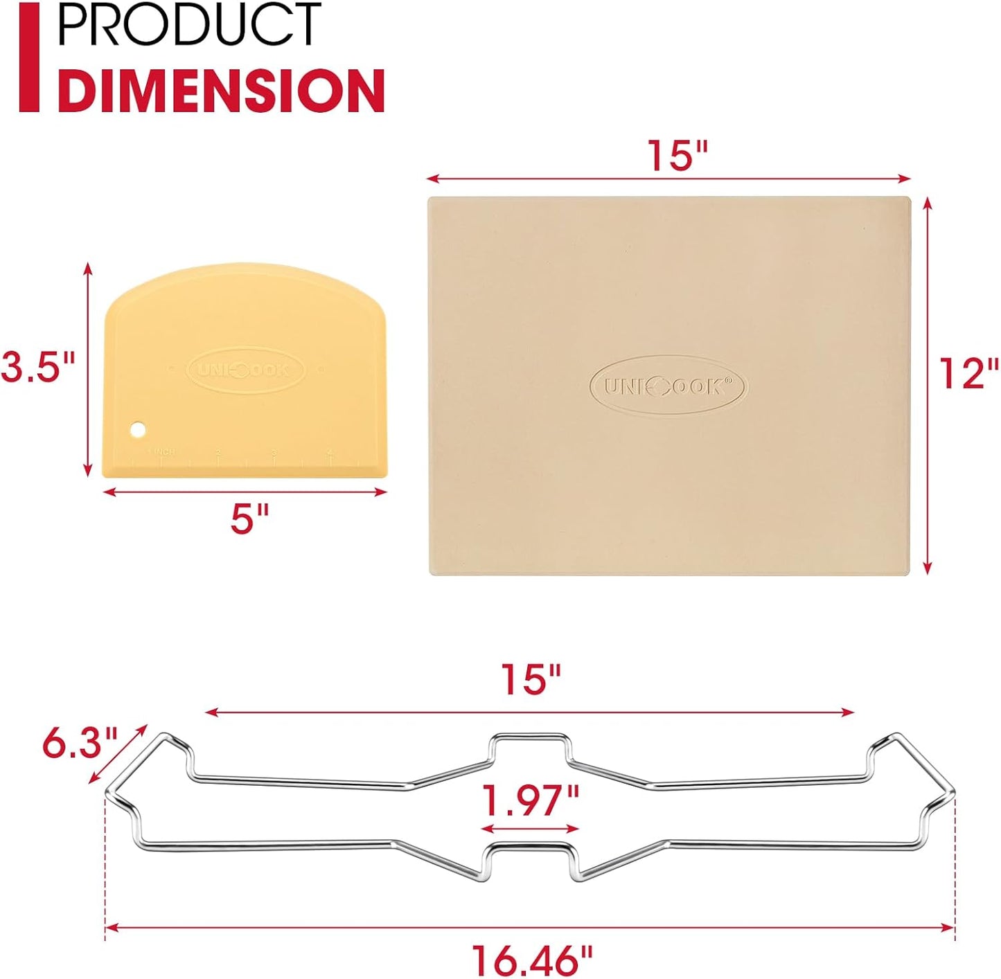 Unicook Pizza Stone for Oven and Grill, 15 x 12 Inch Rectangular Baking Stone for Bread, Cordierite Pizza Pan for Baking Crispy Bread, Pie and Cookies, Includes Carry Rack and Dough Scraper