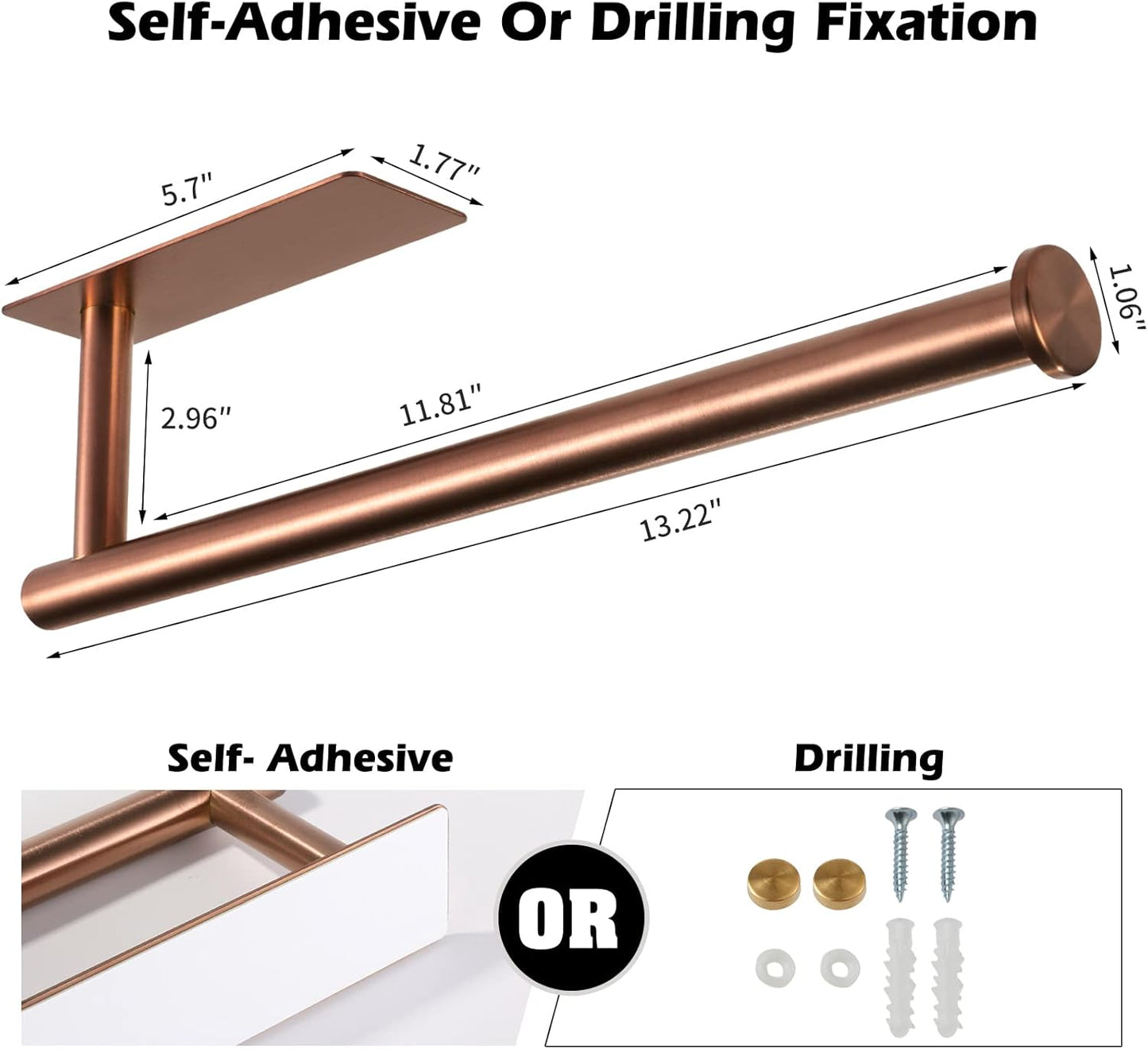 theaoo Rose Gold Paper Towel Holder - Under Cabinet Paper Towel Holder for Kitchen, Adhesive Paper Towel Roll Rack for Bathroom Towel, Wall Mounted Paper Towel Rack, SUS304 Stainless Steel