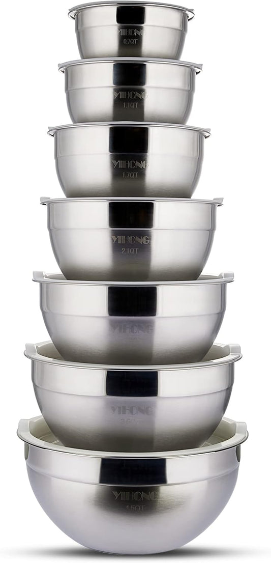 YIHONG Stainless Steel Mixing Bowls Set, 7 Piece Metal Mixing Bowls with Lids Set for Kitchen, Nesting Steel Mixing Bowls Ideal for Baking, Prepping, Cooking, and Serving Food(White)
