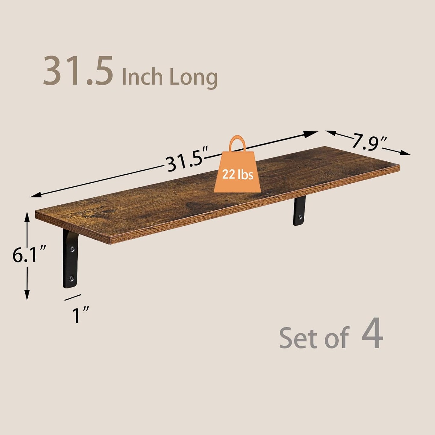 DINZI LVJ Long Wall Shelves, 31.5Inch Wall Mounted Shelves Set of 4, Extra Large Floating Storage Ledges with Sturdy Metal Brackets for Living Room, Bathroom, Bedroom, Kitchen, Rustic Brown