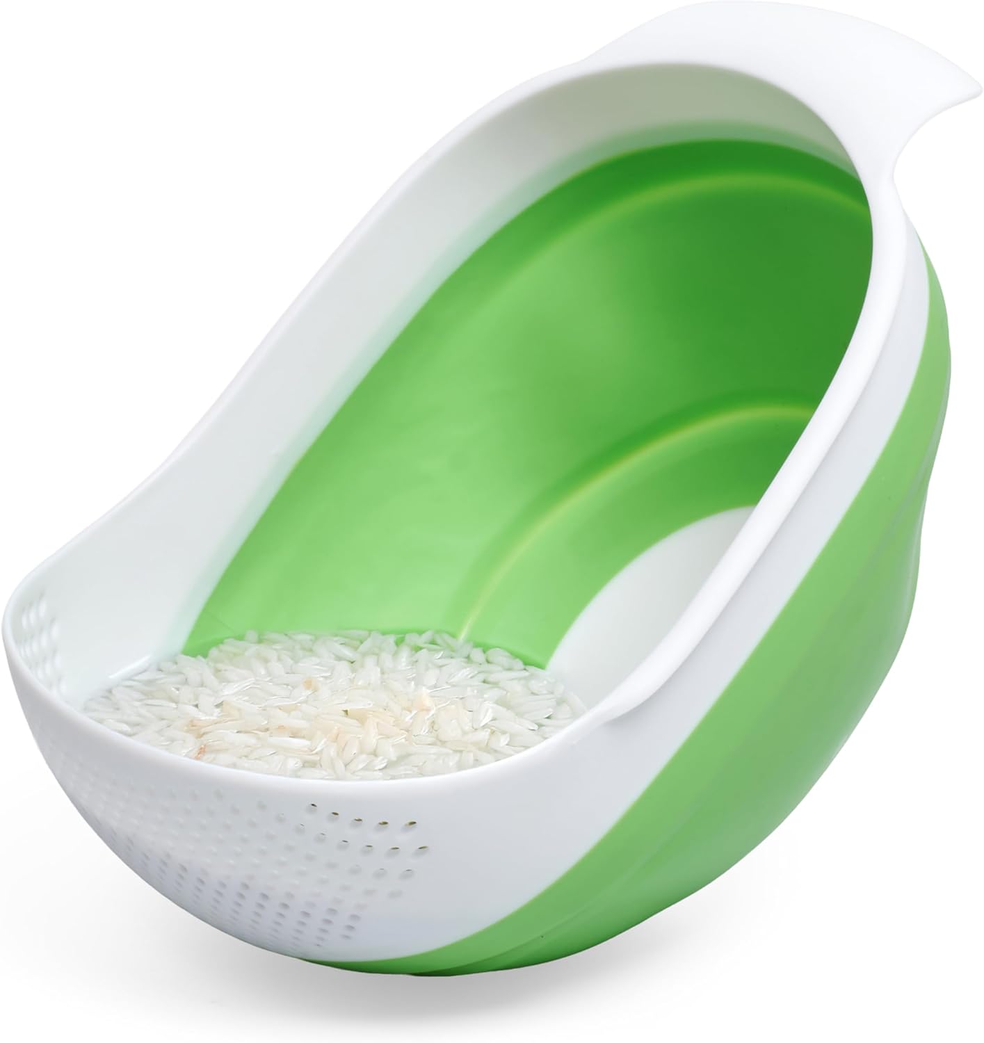 Kitchen Gizmo Collapsible Rice Strainer - Silicone Rice Washer Strainer Bowl - BPA Free - Space Saving Design - Lightweight and Easy to Clean - 5.5 to 3.15 Inches High - Green/Grey