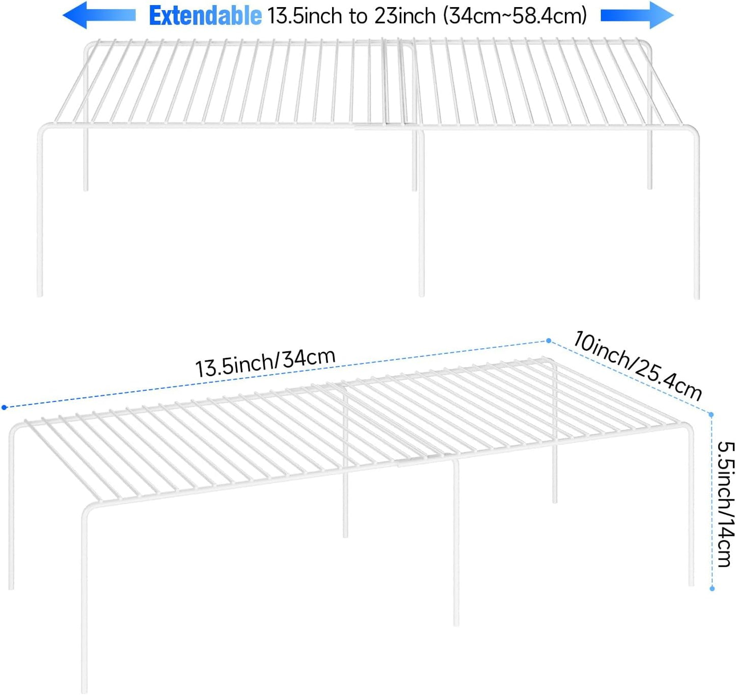 Expandable Storage Shelf, Pantry Organizers and Storage, Adjustable Rustproof Metal Wire Spice Rack, Space Saver Kitchen Storage Shelves for Pan, Pot, Countertop, Drawer, Fridge, Set of 6, White