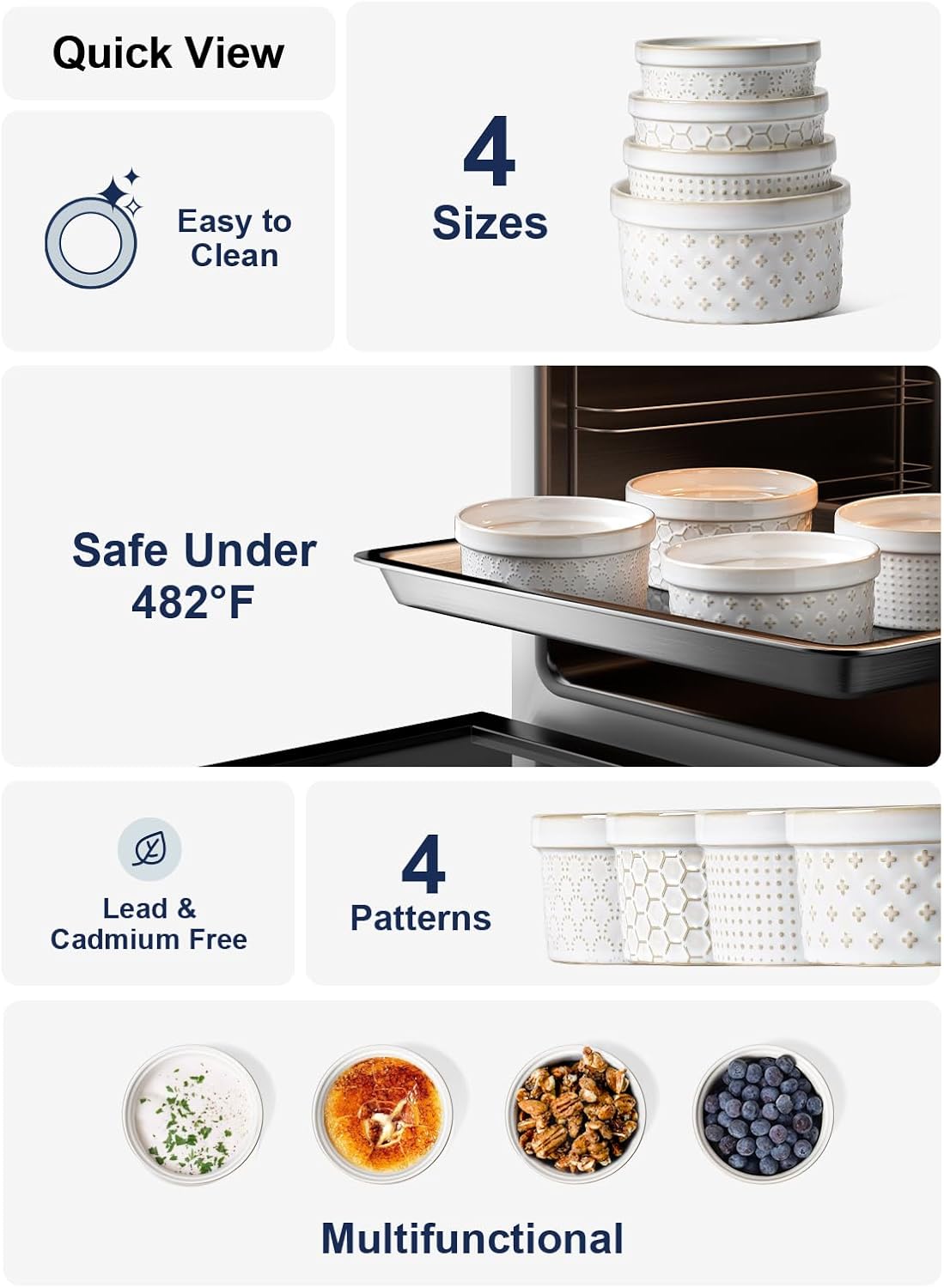 LE TAUCI Ramekins 12 oz, Ramiken for Creme Brulee, Souffle, Dipping Sauce, Ceramic Embossment Housewaming Present -4.8 inch, Set of 4, Arctic White