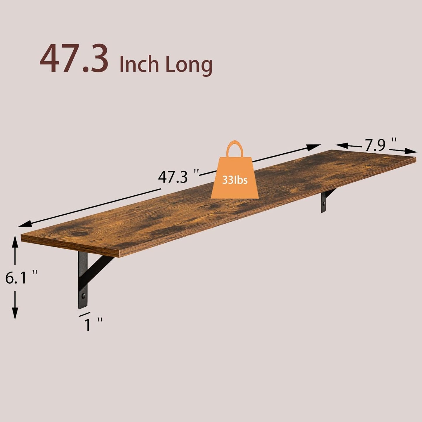 DINZI LVJ Long Wall Shelves, Set of 4, 47.3Inch Wall Mounted Shelves, Extra Large Storage Ledges with Sturdy Metal Brackets for Living Room, Bathroom, Bedroom, Kitchen, Rustic Brown