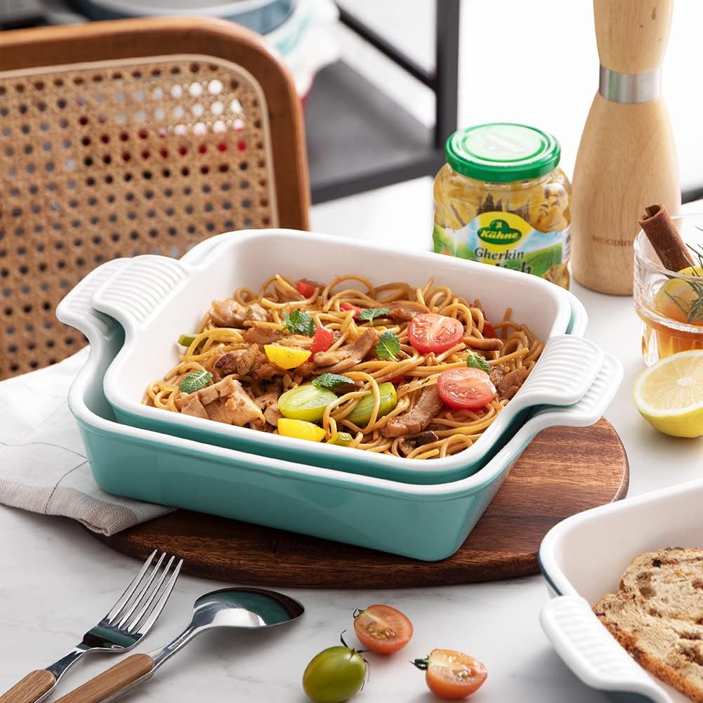 Sweejar Ceramic Baking Dish, 8 x 8 Cake Baking Pan for Brownie, Porcelain Square Bakeware with Double Handle for Casserole, Lasagna, Family Dinner (Dark Turquoise)