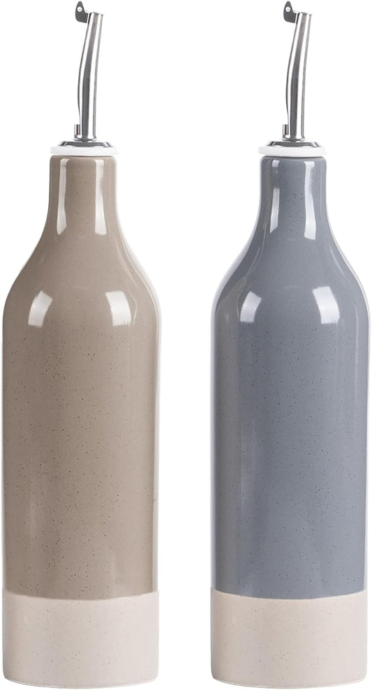 famiware Milkyway 16oz Ceramic Olive Oil Dispenser Bottle, Olive Oil and Vinegar Dispenser Bottle Set of 2 with Stainless Steel Pourers, Suitable for Storage Liquids, Dark Gray and Cinnamon Brown