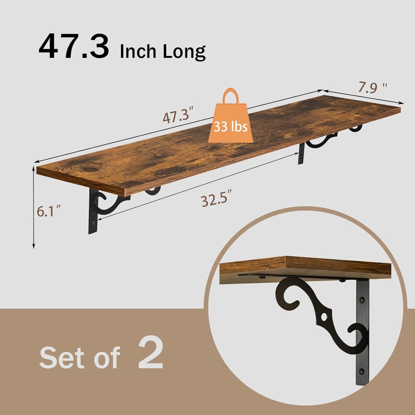 DINZI LVJ Long Wall Shelves, 47.3 Inch Large Floating Shelves Set of 2, Wide Display Shelf Wall Mounted with Brackets, Easy Hanging for Living Room, Toilet, Office, Bedroom, Rustic Brown
