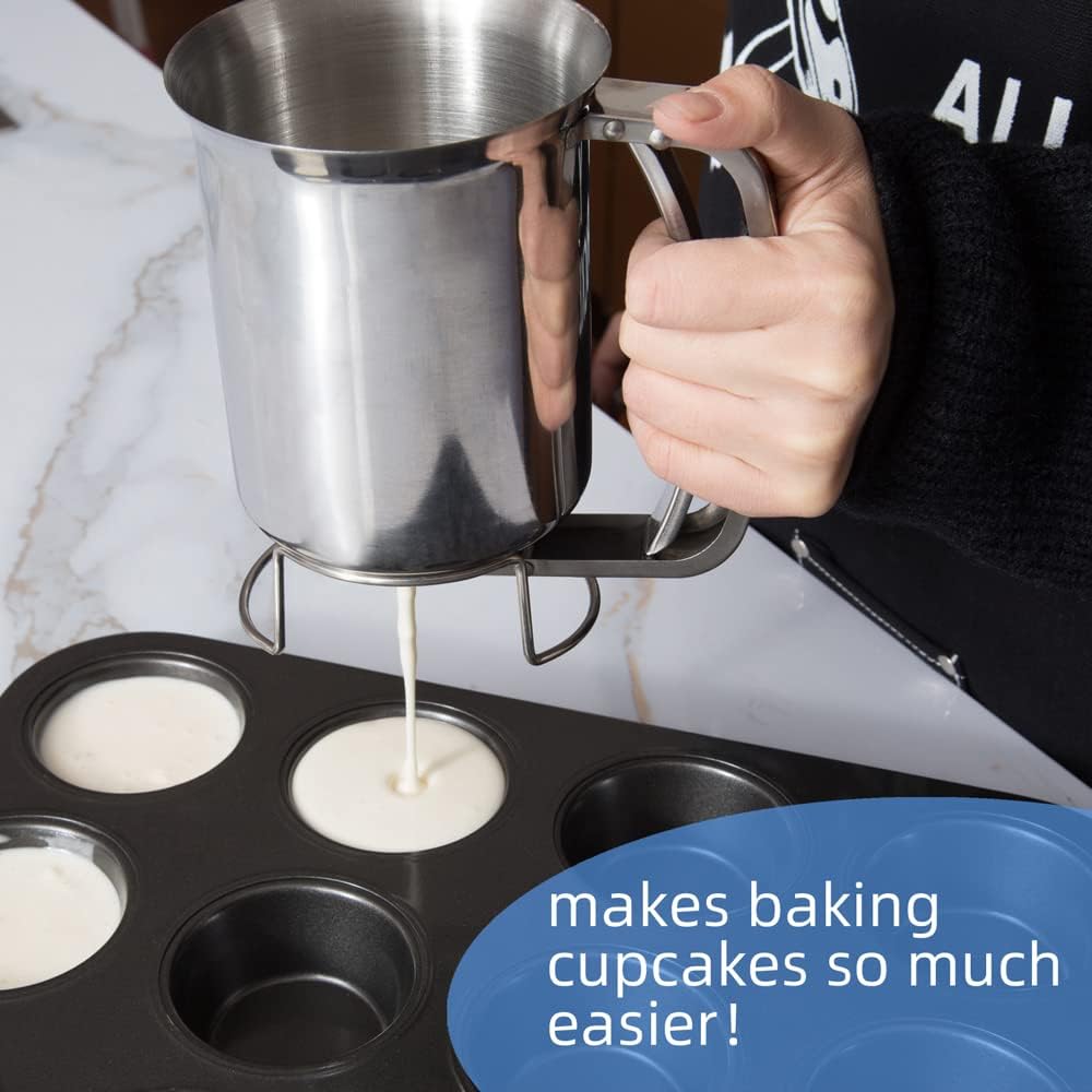 800ml Stainless Steel Pancake Batter Dispenser - Great for Baking,Cupcakes,Muffins-Cooking Crepes,Waffles- Easyflow Spout -Measuring Gauge in Mls and cups