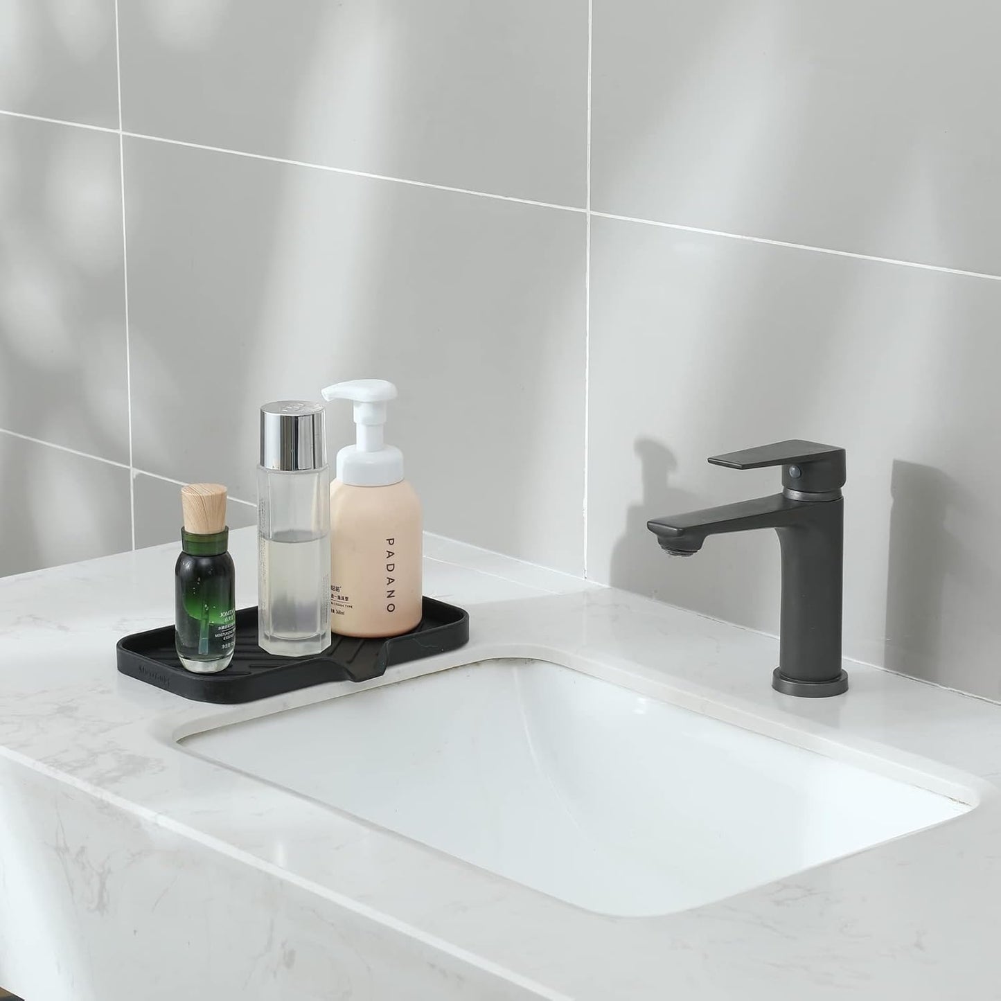 Silicone Bathroom Soap Dishes with Drain Spout-Bathroom and Kitchen Sink Organizer,Sponge Holder,Dish Soap Tray,Perfect for Dispenser,Scrubber,Bottle,Cup on Sink or Counter-Black 9.6"×5.3"