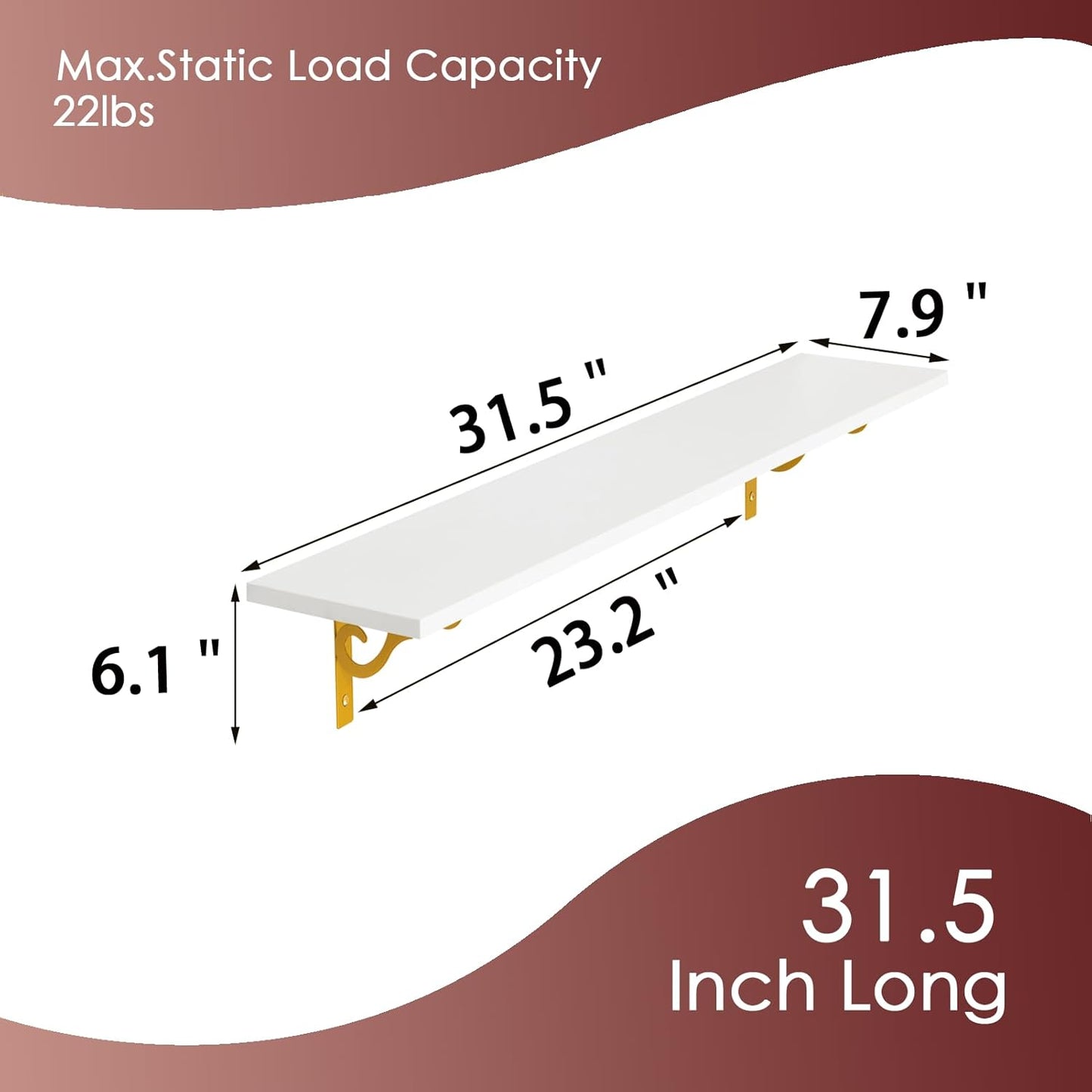 DINZI LVJ Long Wall Shelves, 31.5" Wall Mounted Shelves Set of 4, Wide Floating Shelf for Wall with Metal Brackets, for Living Room, Bathroom, Bedroom, Kitchen, Office, White and Gold