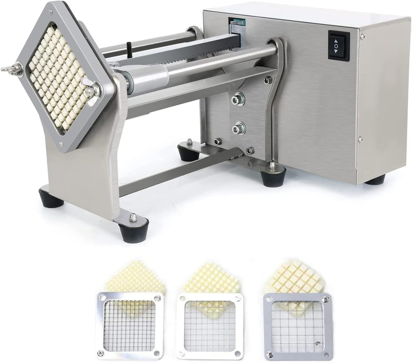 French Fry Potato Cutter Machine Electric Cutting Slicer Chipper Automatic Potato Cutter with 3 Sizes of Replaceable Blades Stainless Steel for Commercial Industrial Kitchen Restaurant Use