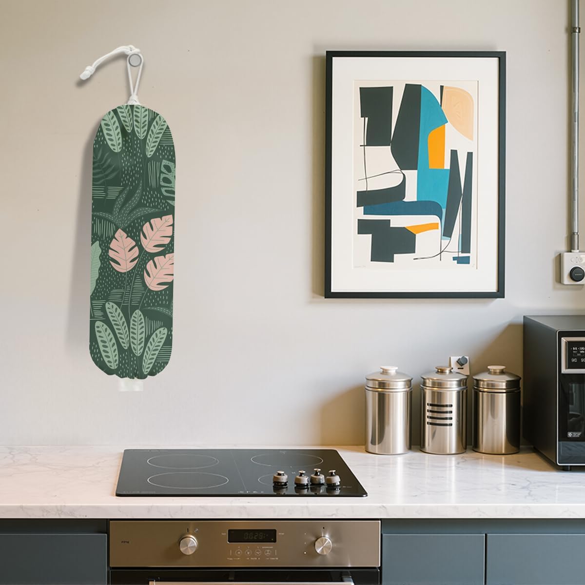 Tropical Green Leaves Plastic Bag Holder, Grocery Bag Holder for Plastic Bags, Nature Greenery Reusable Grocery Bags Storage Dispenser for Home Kitchen Decor, Plant Lover Gifts for Women