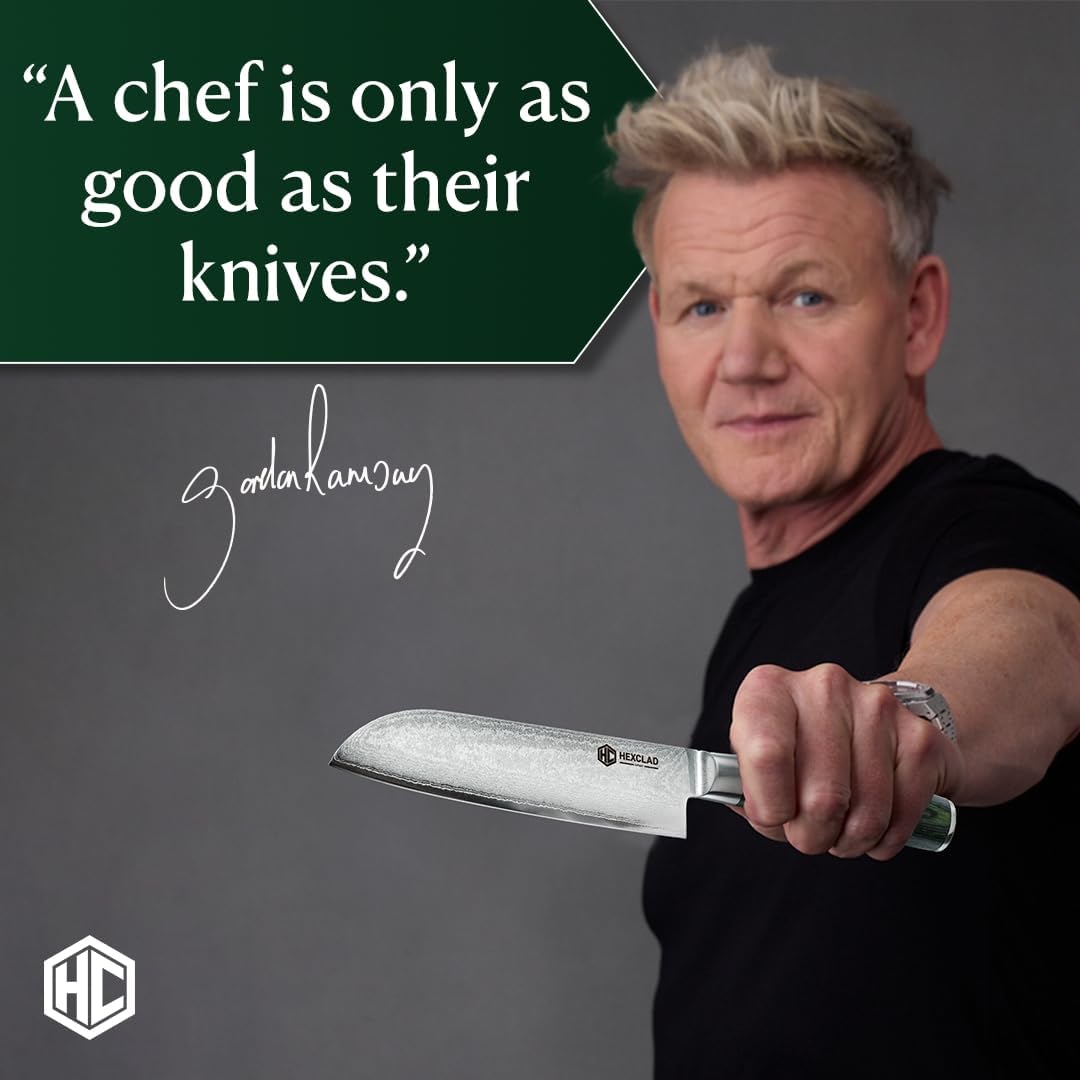 HexClad Santoku Knife, 7-Inch Japanese Damascus Stainless Steel Blade, Pakkawood Handle