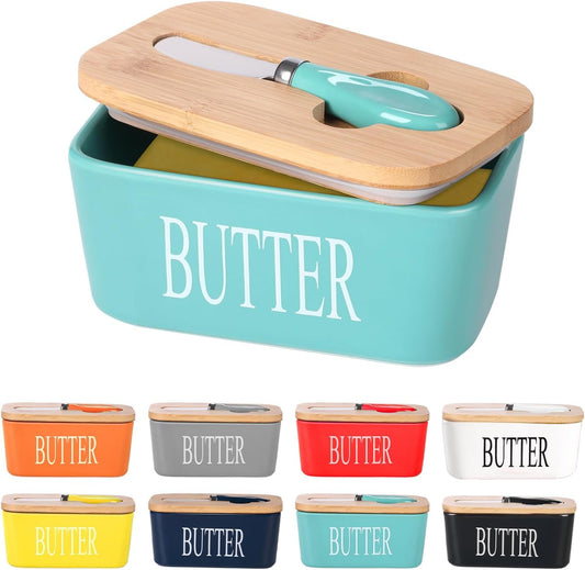 Ceramic Butter Dish with Wooden Lid, Large Butters Container Keeper Storage with Stainless Steel Knife Spreader, Bamboo Cover and Silicone Sealing Ring for West East Coast, Aqua