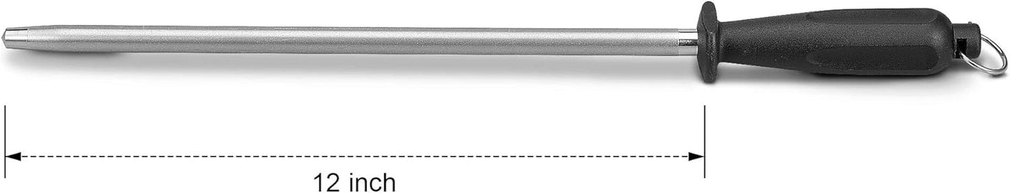 12" Knife Sharpening Steel, Professional Diamond & Steel Honing Rod, Black Brushed Finish, for Kitchen & Chef Knives