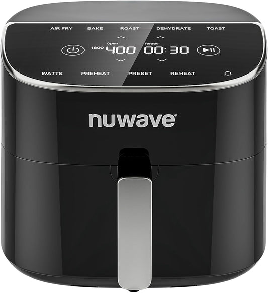 Nuwave Brio Plus 8 Qt Air Fryer, PFAS Free, New & Improved, Digital Touch Screen, Cool White Display, 50°F~400°F in Precise 5°, 5 Cook Functions, 100 Presets & 50 Memory, 3 Wattages 700, 1500, 1800