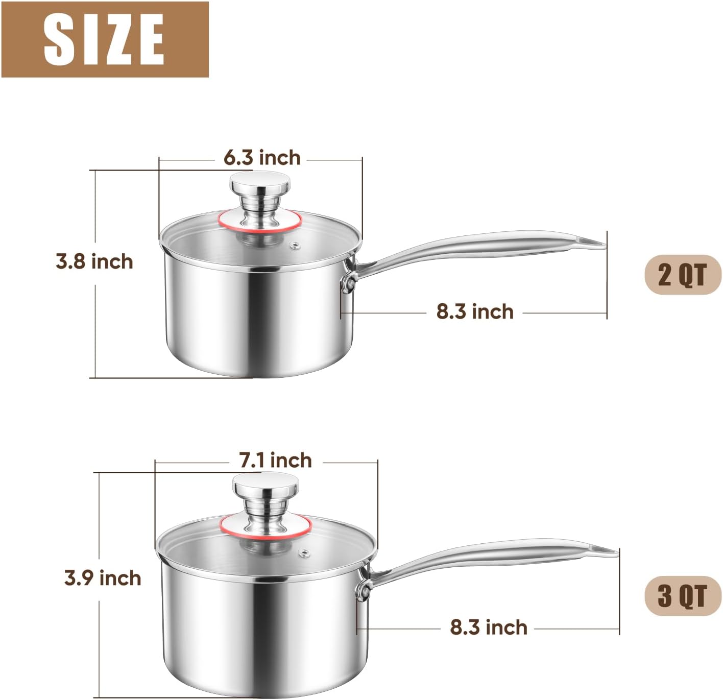 E-far Stainless Steel Saucepan Set - 2Qt & 3 Qt, Triply Sauce Pan Pot with Lid for Cooking Pasta Warming Milk Boiling Water, Small Metal Cookware for Kitchen, Induction Ready & Heavy Duty